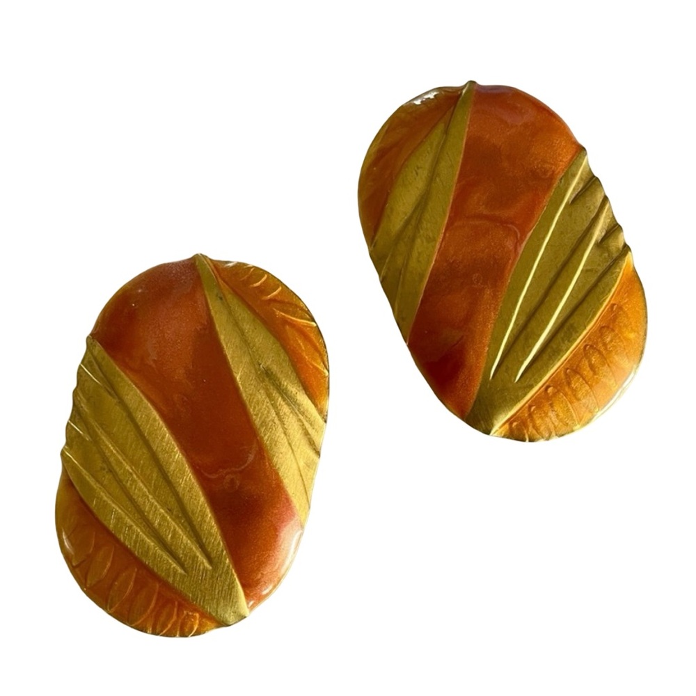 Vintage Signed Berebi Post Earrings Big 80s Glam Orange and Yellow Metal